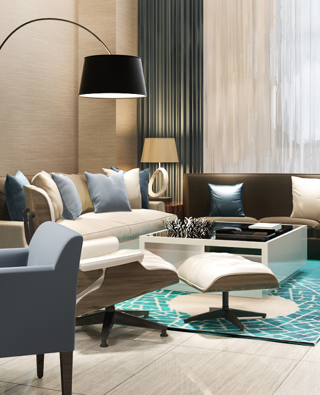 a living room with a blue rug and white furniture at The Discovery Park Life Apartments