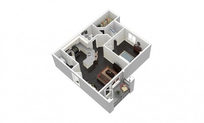 a 3d rendering of a two bedroom apartment at The  Discovery Park Life Apartments